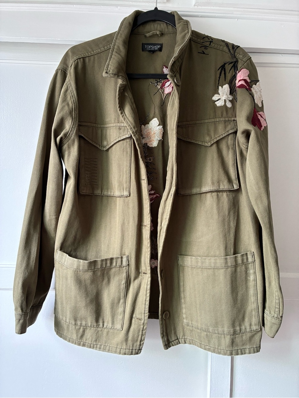 Topshop Olive Utility Jacket with Floral Embroidery